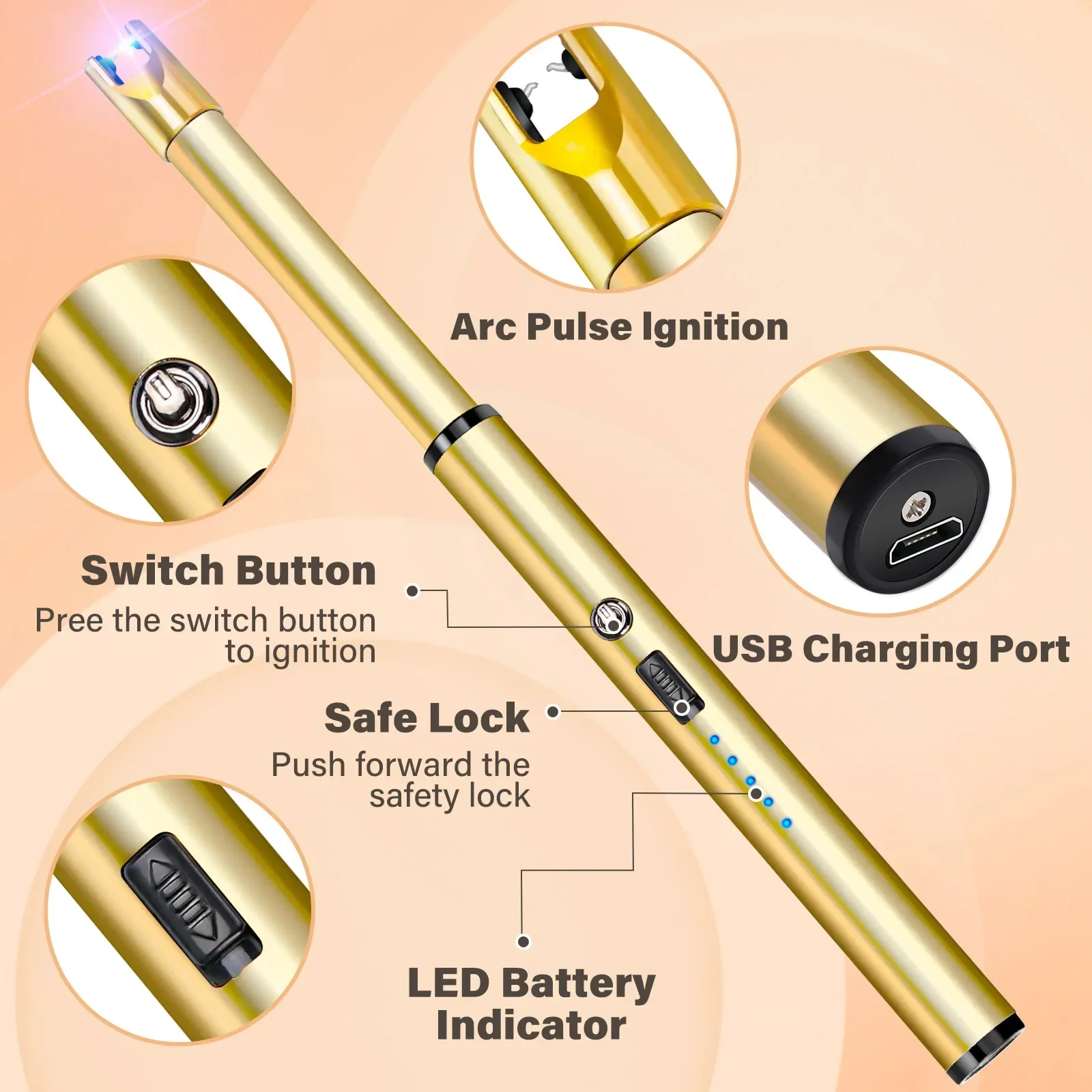 Windproof Single Arc Pulse Electric Lighter Power Display USB Charging Candle Metal Open Flame Gas Lighter Kitchen Tools