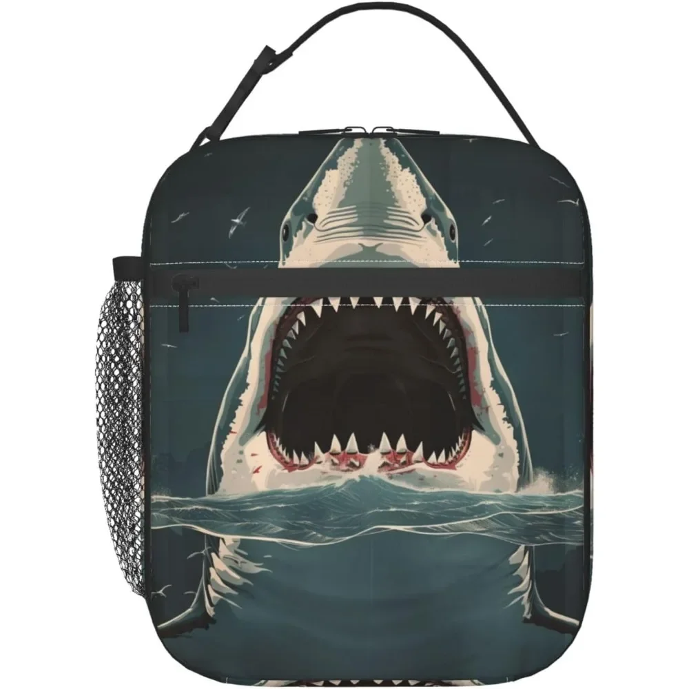 Ferocious Shark Print Insulated Lunch Bag, Ocean - Themed Thermal Lunch Tote Bag