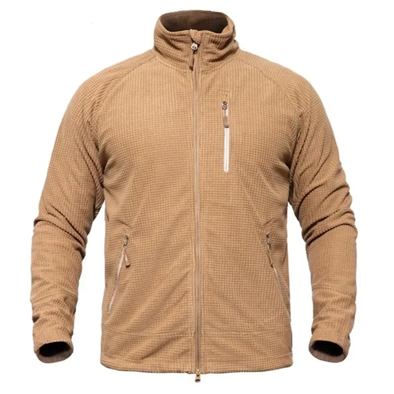 Men's Tactical Grid Fleece Jacket Full Zip Stand Collar Warm Windproof Outdoor Hiking Fishing Fleece Coat Base Layer