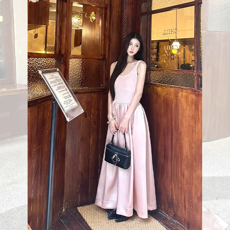 핑크 스트랩리스 롱 드레스 여성 여름 신상 허리 조임 민소매 생일 파티 가운 A라인 스커트 원피스