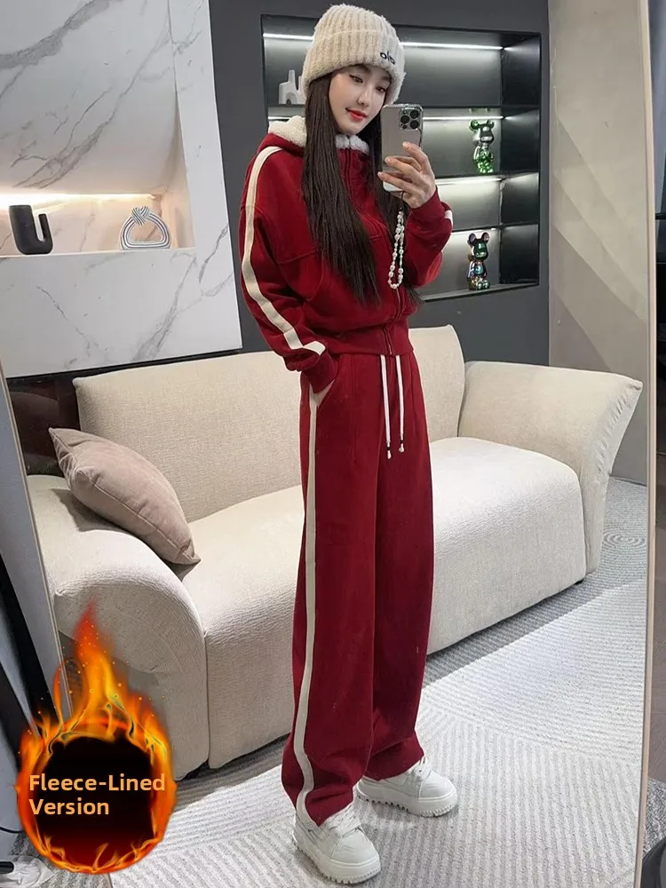 

High-End Casual Sportswear Set Women's Winter Fleece Lined Red Jacket Top Wide Leg Pants Two Piece Set Stylish Comfortable