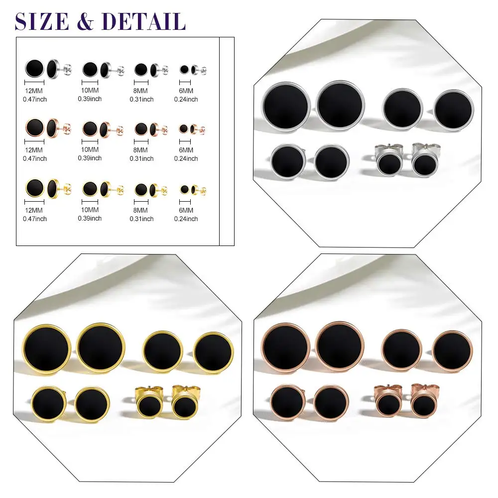 1 Pairs Stainless Steel Enamel Round Stud Earrings for Men Women 4 Colors 6MM/8MM/10MM/12MM Option