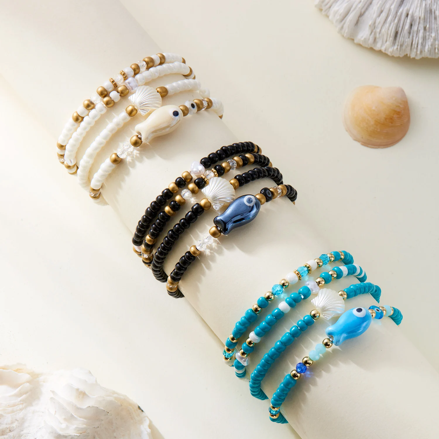 Böhmisches mehrschichtiges Perlenarmband-Set für Frauen, Sommer, Ozean, Strand, Muschel, Fisch, böser Blick, elastisch, stapelbar, Armreifen, Schmuck, Geschenk – Detail 5