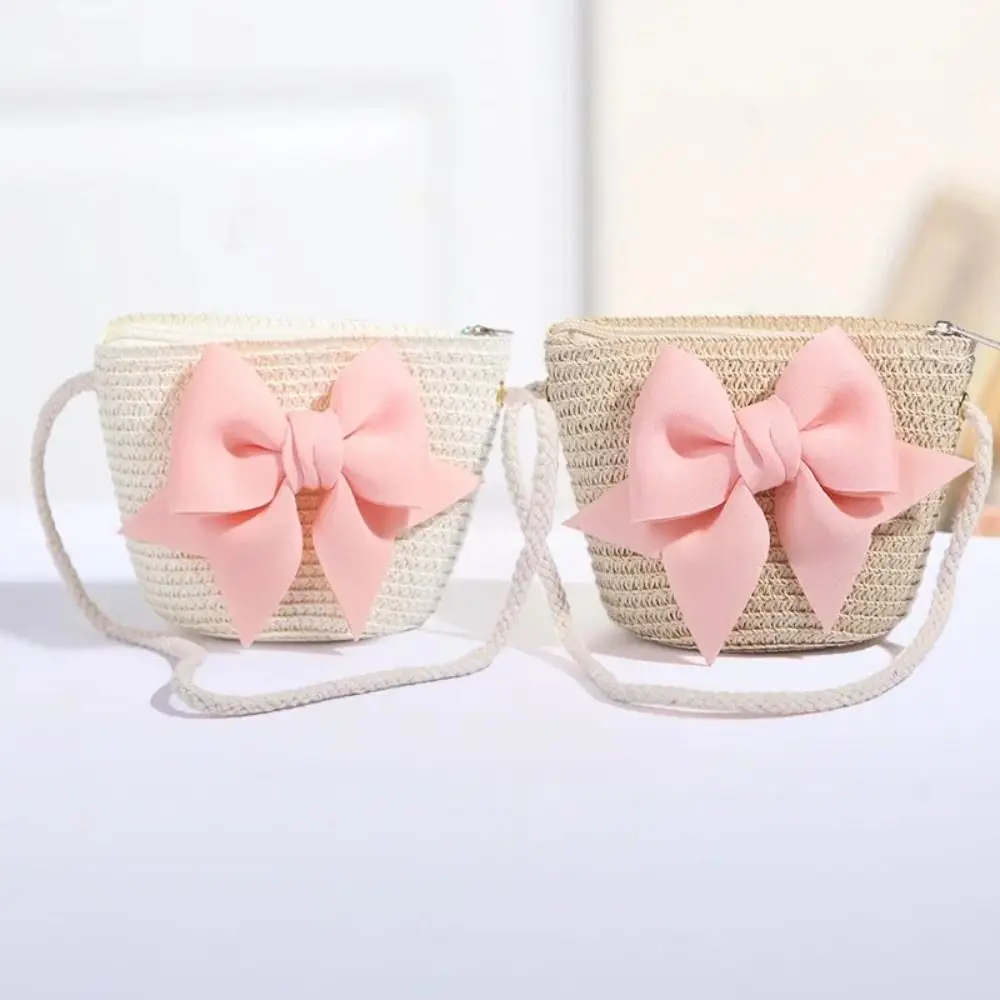 Summer Handmade Woven Girl Straw Bag Cute Solid Color Pink Bow Kid Messenger Bags Photo Props Coin Purse Storage Basket
