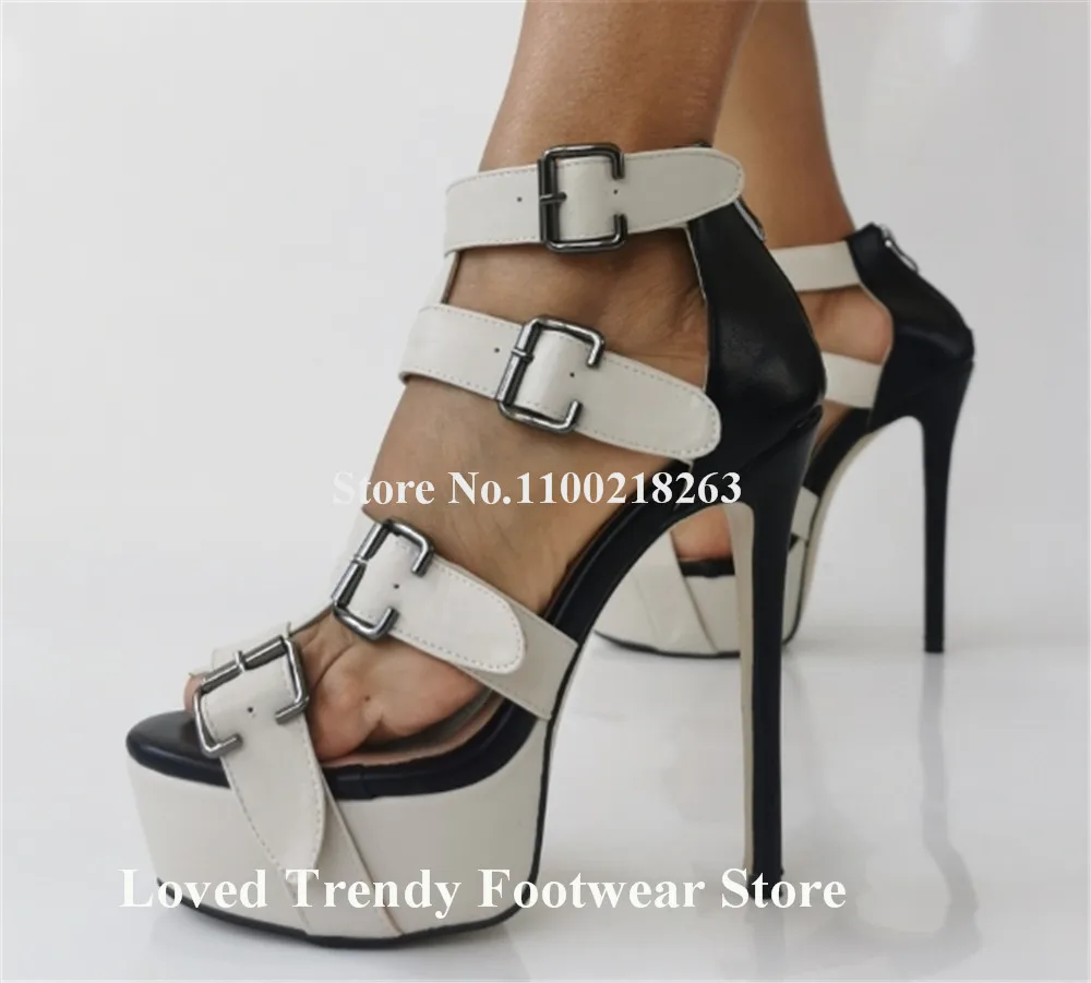 Emeline Dubois Sexy White Straps Buckles Stiletto Heel Sandals Open Toe Patchwork High Platform Thin Heel Party Heels