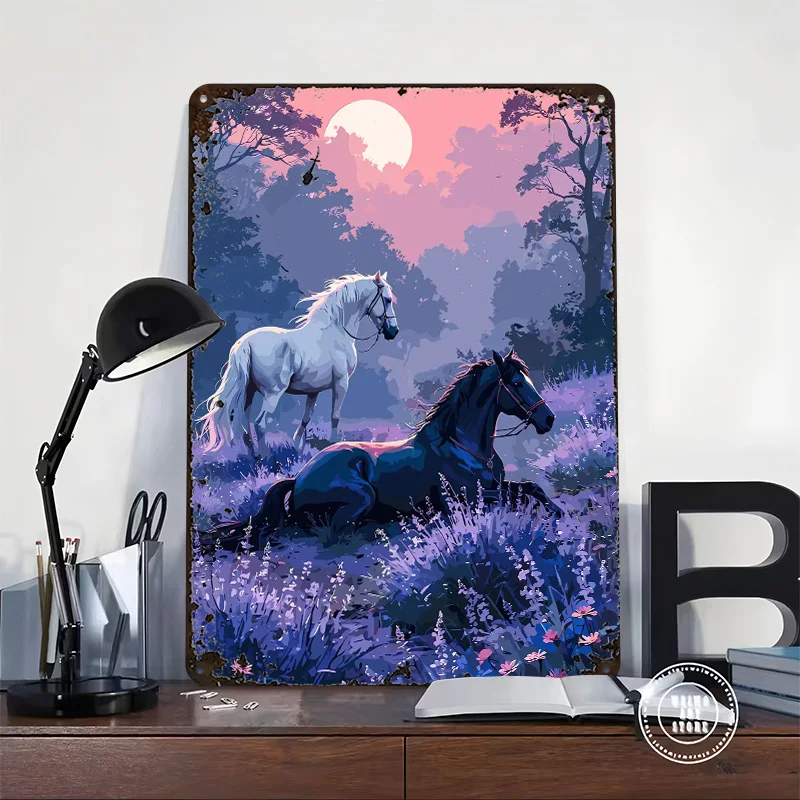 Horses in Lavender Field At Night Metal Poster Bedroom Decoration Gaming Customizable Metal Tin Signs for Wall Art Decoration