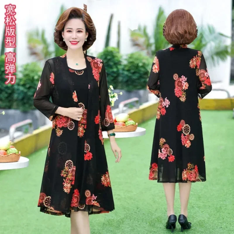 

Mother's Dress Two-Piece Middle-Aged Elderly Size 4XL 2022 Summer Wide Wife Fashion Temperament Age-Reducing Mid-Length Skirt W