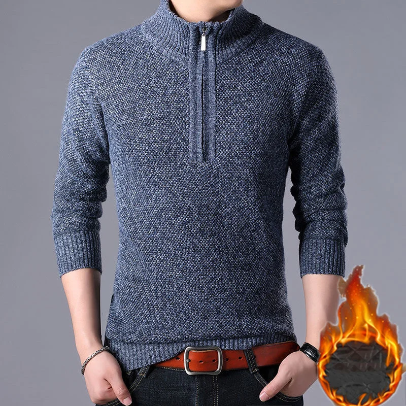 Fashion Men Fleece Thicken Autumn Winter Sweaters Zipper Mock Neck Long Sleeve Male Clothes Casual Bottoming Slim Knit Pullovers