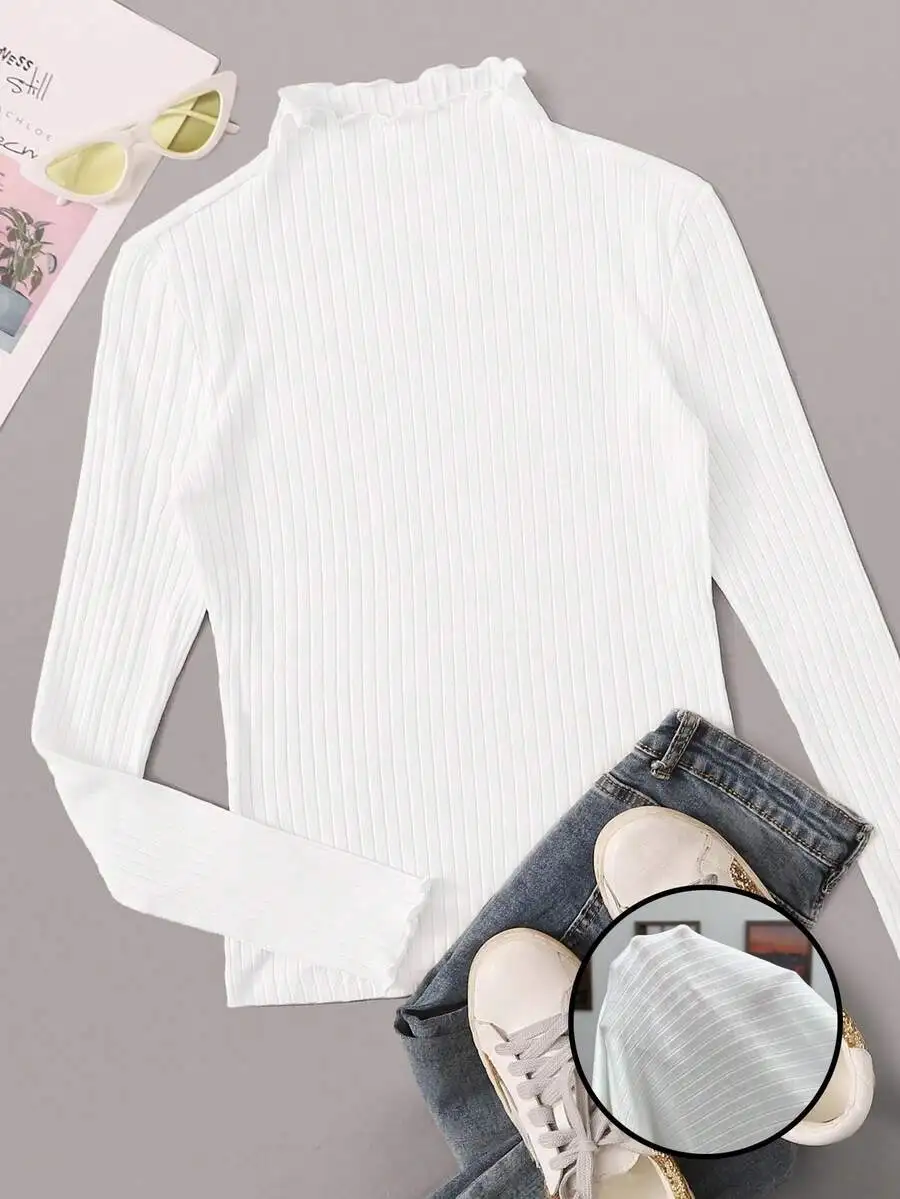 

Женский трикотажный топ с высоким воротом и длинными рукавами в рубчик — большие размеры, мягкая эластичная ткань для повседневной носки и офиса