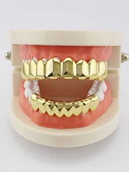 Top Bottom False Teeth Portable Halloween Mouth Grills Gifts Copper Plated Gold Tooth Caps Party for Cosplay Costumes