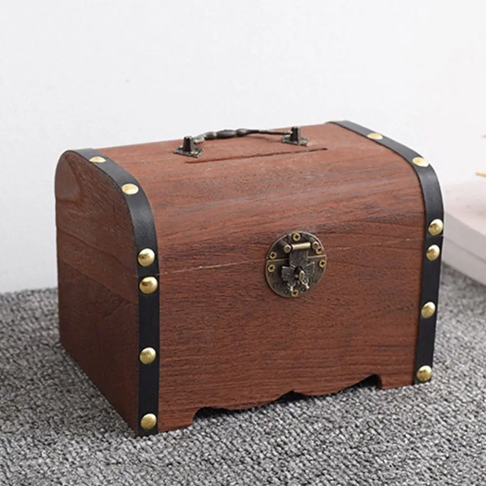 Small Wooden Treasure Bank Decorative Handmade Treasure Chest Storage Box with Lock Reusable Money Lock Boxes