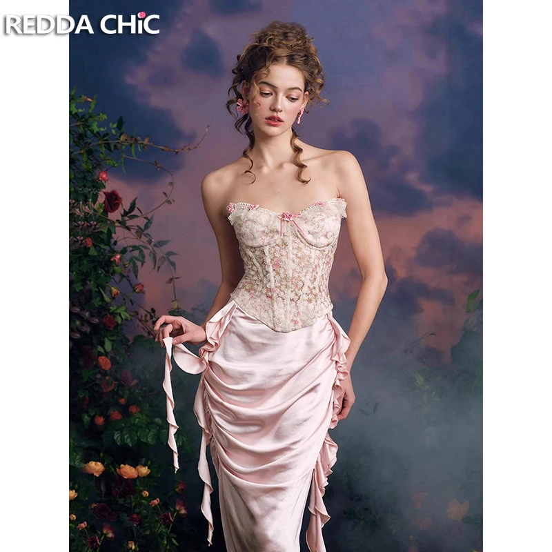 

REDDACHiC Floral Lace Sheer Top Skirt Women Set Boned Corset Tight Flounce Long Ruched Satin Skirt Evening Renaissance Costumes