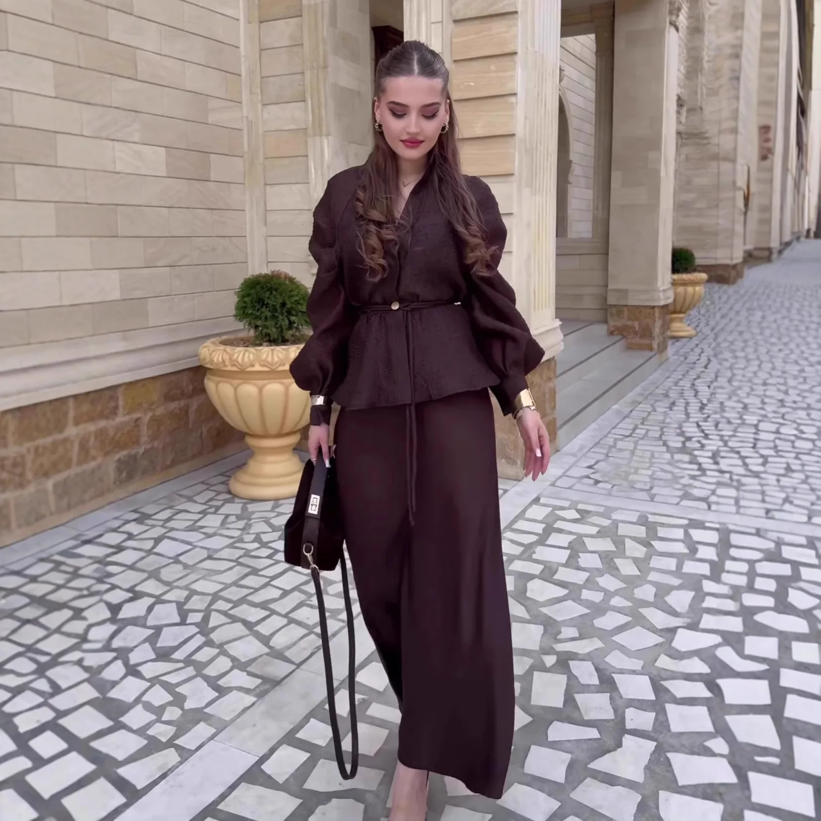 Women Two Piece Sets Skirt Set Full Lantern Sleeve V Neck Belt Tops Skirts A Line High Waist Y2k Streetwear Elegant Work Spring image 3