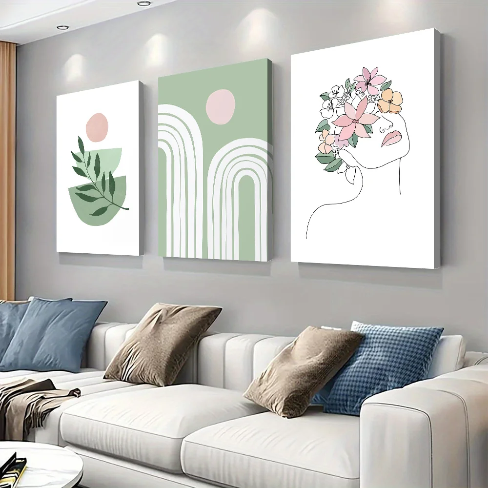 3-piece modern minimalist green plant geometric canvas painting Nordic style abstract lines living room decoration painting Mora