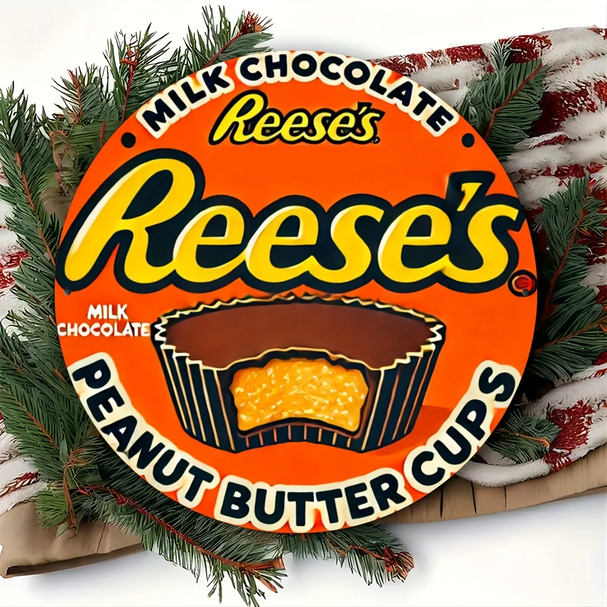 1 unidad, tazas de mantequilla de maní de Reese, letrero de aluminio Vintage, 7,8x7,8 pulgadas, decoración artística de pared de Chocolate con leche, estilo Retro, multiusos, Wa