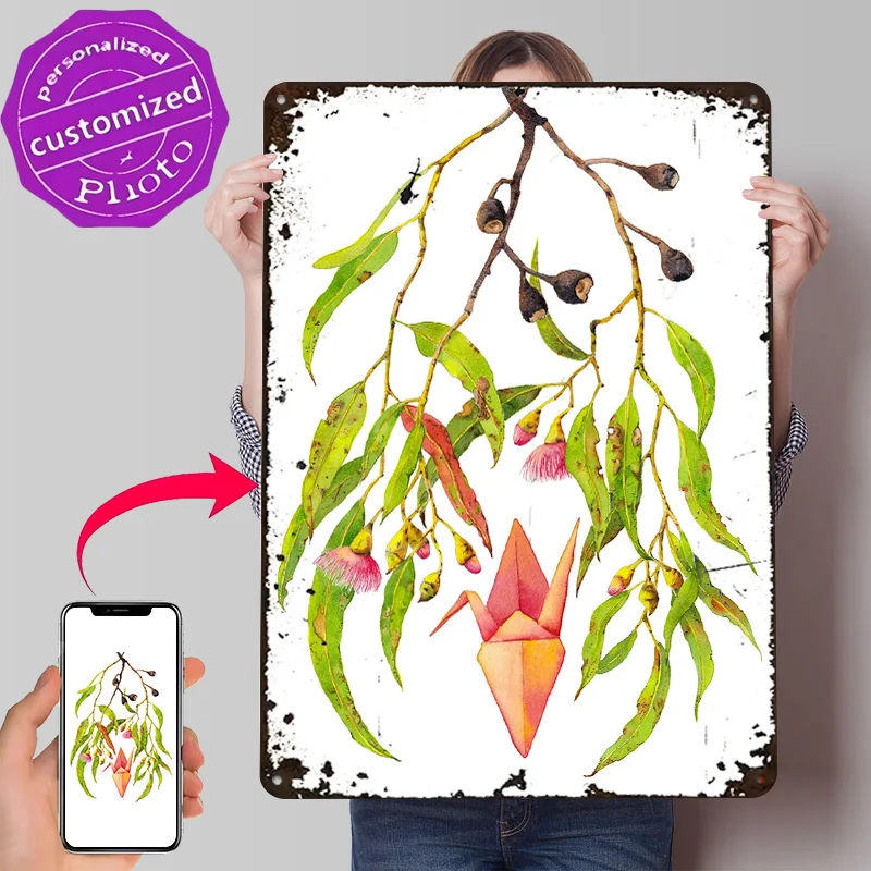 Eucalyptus Origami Crane 3D Texture Printed Poster Custom Vintage Metal Tin Plate Sign for Wall Art Home Decor Accessories House
