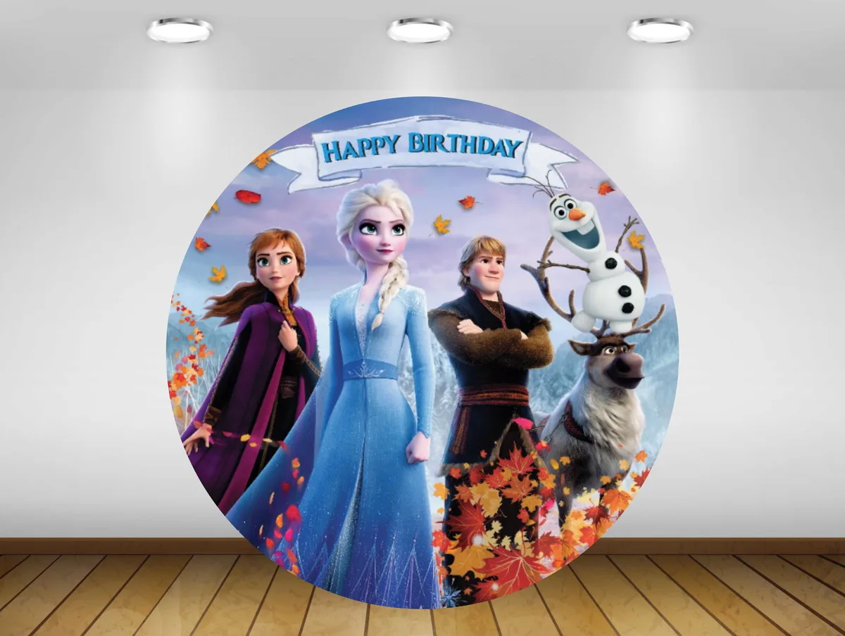 

Disney Frozen Round Party Backdrop Princess Elsa Anna Theme Birthday Party Wall Decorations Customized Photozone Prop