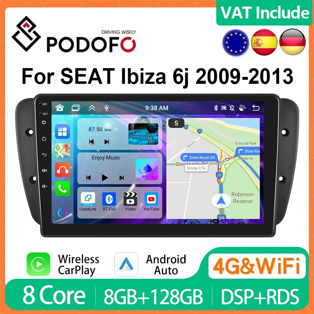Podofo 9 "راديو السيارة اللاسلكي CarPlay راديو أندرويد لمقعد إيبيزا 6j 2009-2013 الوسائط المتعددة نظام تحديد المواقع FM 4G واي فاي أنظمة السيارة الذكية