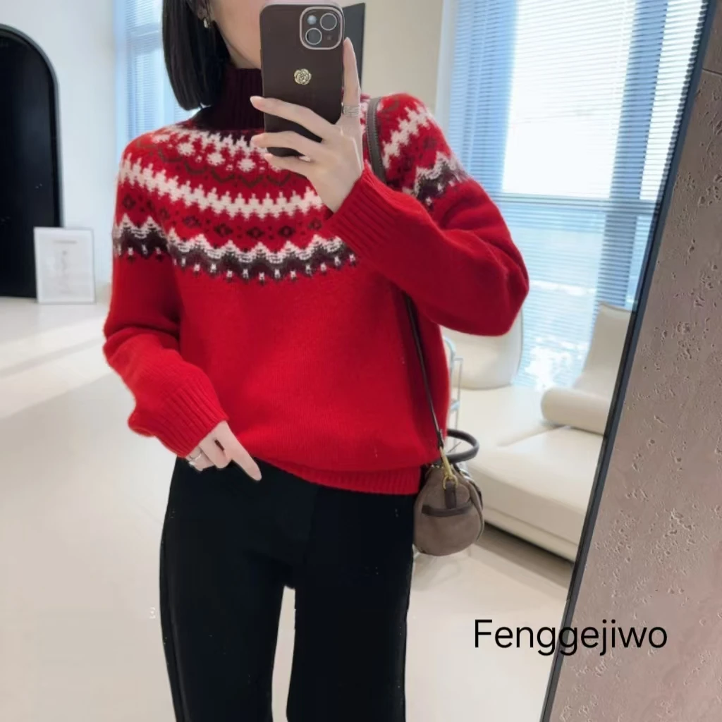 Fenggejiwo women's casual sweater seamless one-piece jacquard high neck knitted sweater wool jacquard base knitted sweater