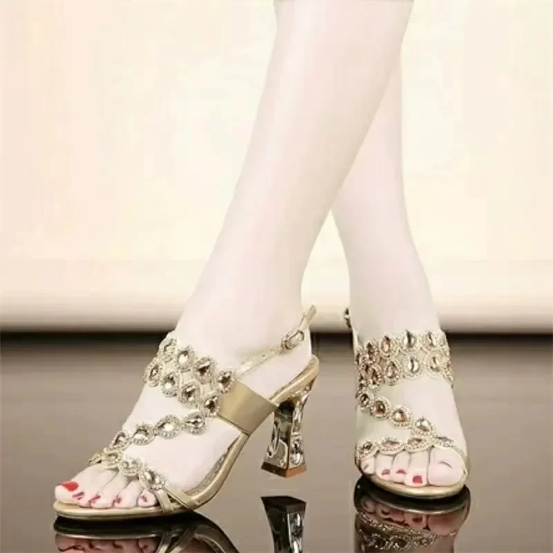 High Heels Temperament Diamond Sandals Summer Woman Party Shoes Fashion Brick Crystal Thick Heel Square Heel Sandals