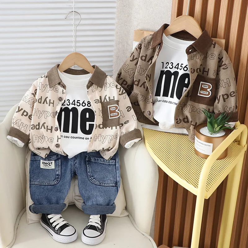 Baby Tracksuit Set 2024 Spring Boy Clothes 1 To 5 Years Korean Style Cardigan Coats + White T-shirts + Jeans Kids Boys Outfits