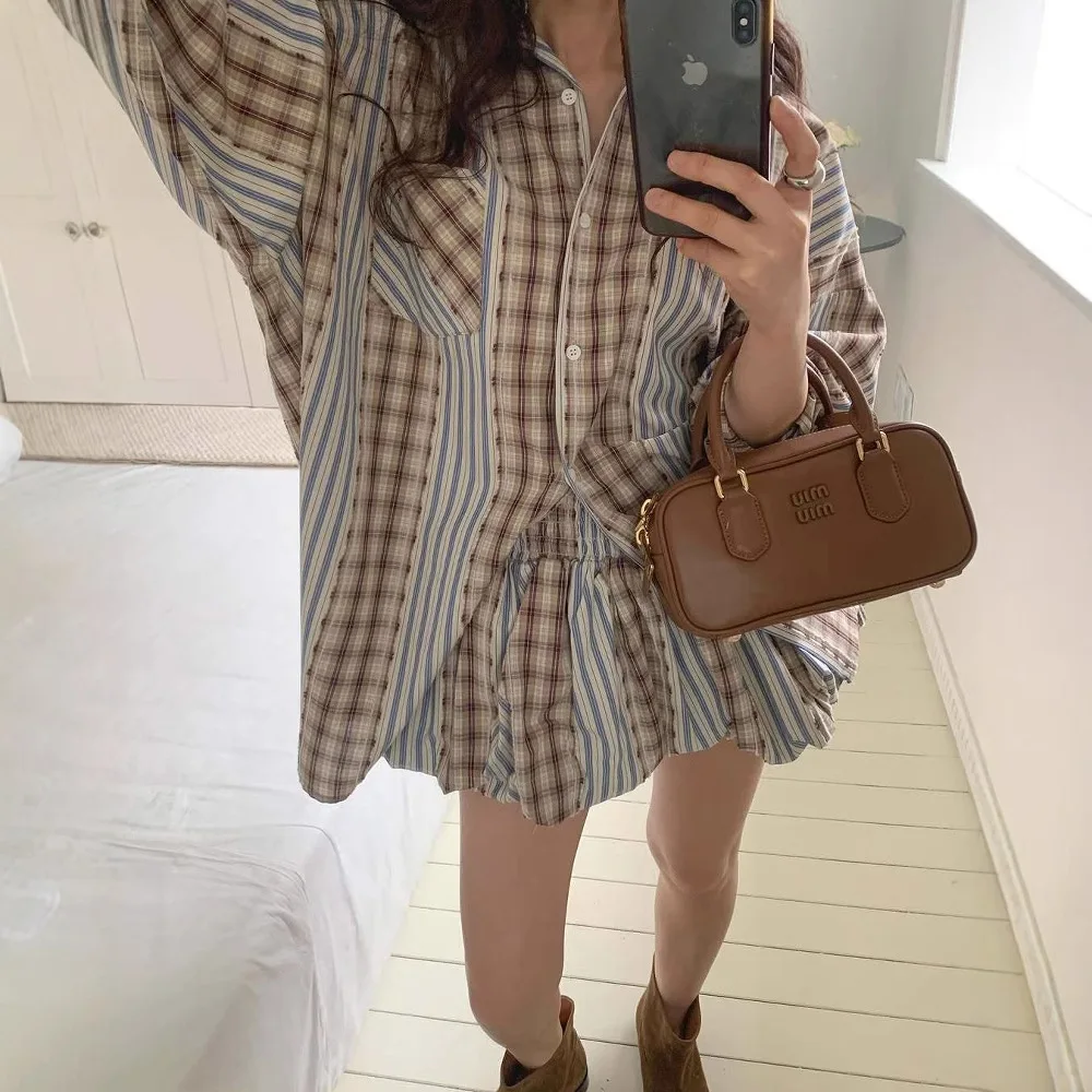 

Retro Versatile And Fashionable Plaid Line Pocket Shirt And Skirt Set