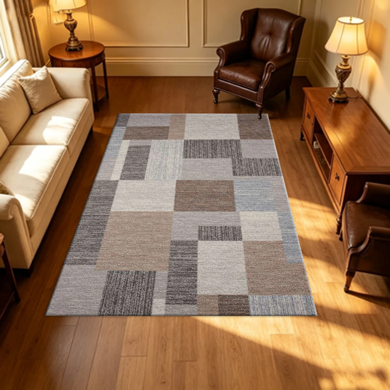 Modern Patchwork Block Plaid Carpet Flooring Neutral Brown Grey Blue Tone Textured Household Living Room Area Rug