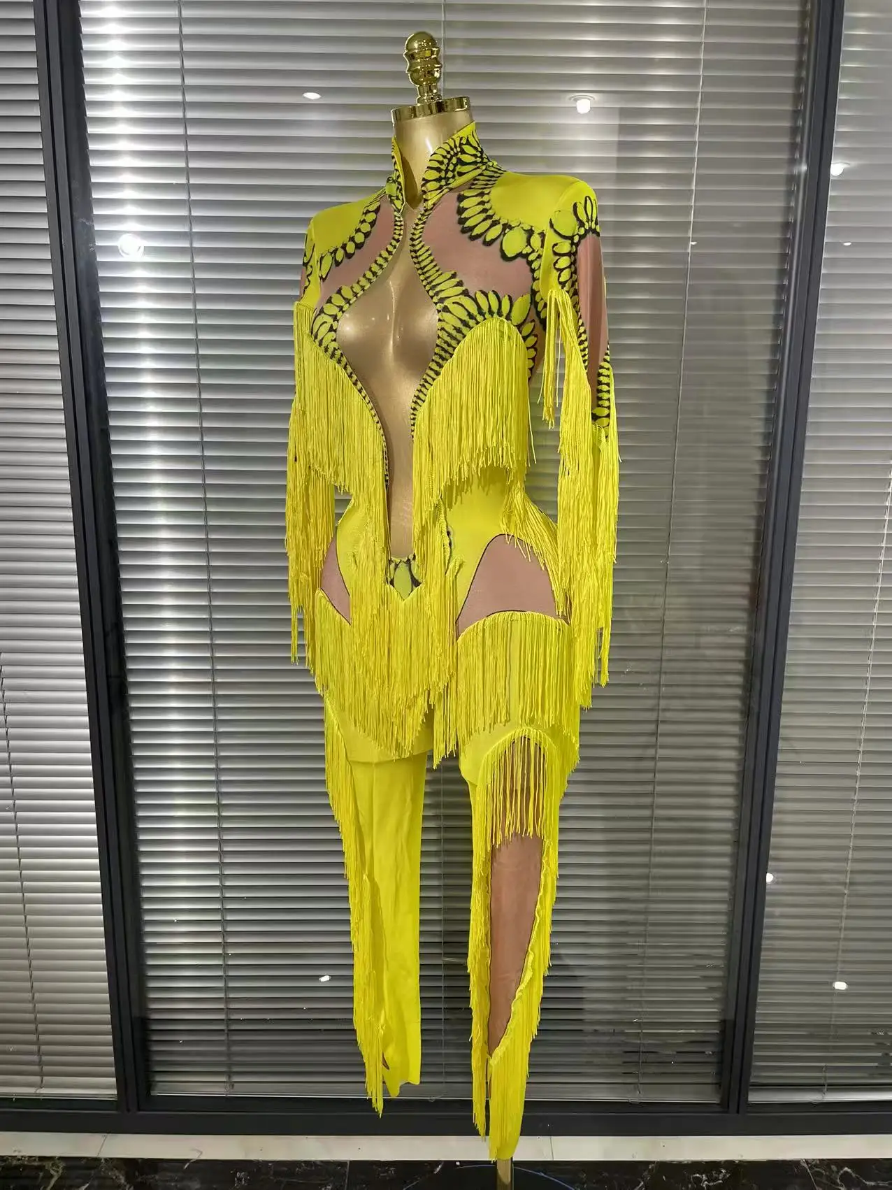 الأصفر شرابة بذلة المرأة طويلة الأكمام دنة نحيل هامش يوتار مثير المرحلة ارتداء DJ المغني راقصة عرض الحفلات زي #3