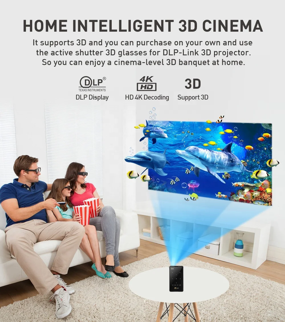 4K 3D DLP โปรเจ็คเตอร์ LED พกพาได้, โปรเจ็คเตอร์ขนาดเล็กพกพาได้อัจฉริยะอัจฉริยะสำหรับโทรศัพท์สำหรับใช้ในบ้าน