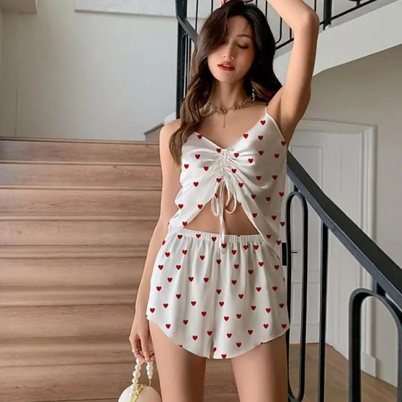 

Summer Chemise Sleepwear Pajamas Set Sexy LOVE Print Nightwear Intimate Lingerie Female Suspender Pijamas Suit Satin Home Wear