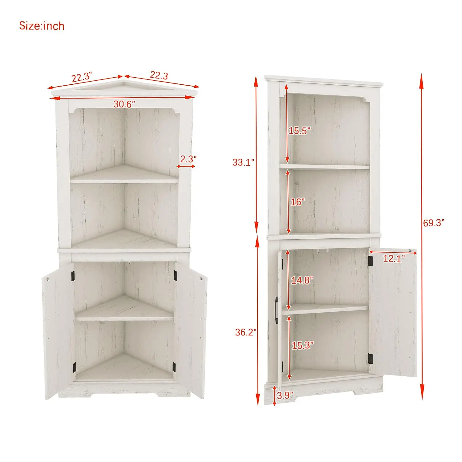Corner Cabinet with Open & Concealed Storage, Space-Saving Living Room Bathroom Bedroom Organizer, Wood Grain, Customized