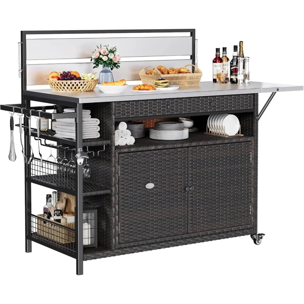 Outdoor Kitchen Wicker Island Rolling Cart and Lockers, Wheels and Stainless Steel Extended Tabletop, Kitchen or Bar Cart