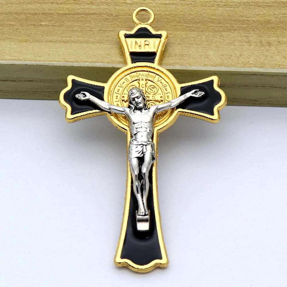 Diyalo-colgante religioso de cruz de crucifijo, piezas de joyería de rosario, Color dorado y plateado, St Benedict, 1 unidad