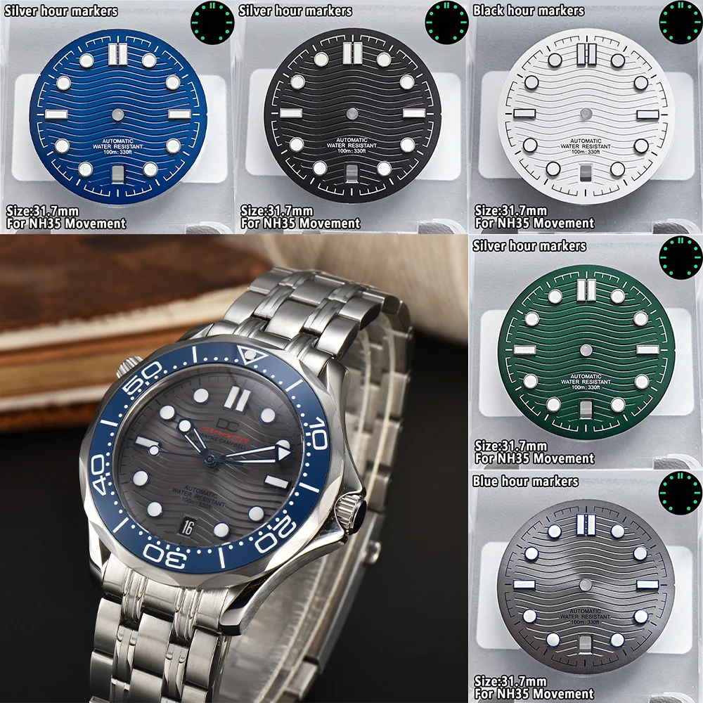 31.7mm NH35 Watch Dial Black White Blue Watch Dials 6 O‘clock Date C3 Green Luminous Dial For NH35 Movement Watch Accessories
