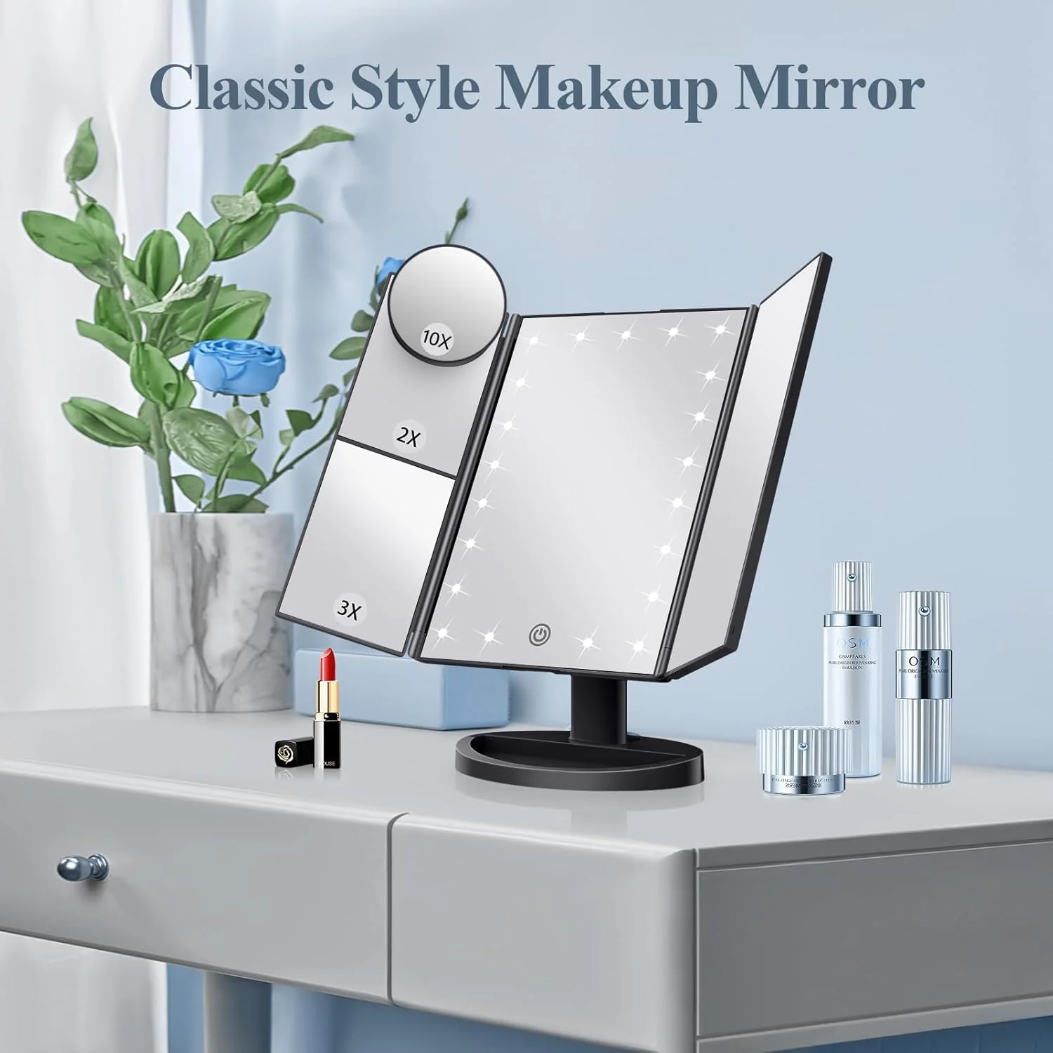 Makeup Mirror Vanity Mirror with Lights, 2X 3X 10X Magnification, Trifold Lighted Makeup Mirror, Touch Control, Dual Power Suppl