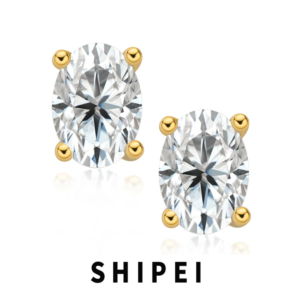 

SHIPEI 925 Sterling Silver VVS1 Oval Cut 0.5-1 CT Real Moissante Diamonds Gemstone 18K Gold Plated Stud Earrings Fine Jewelry