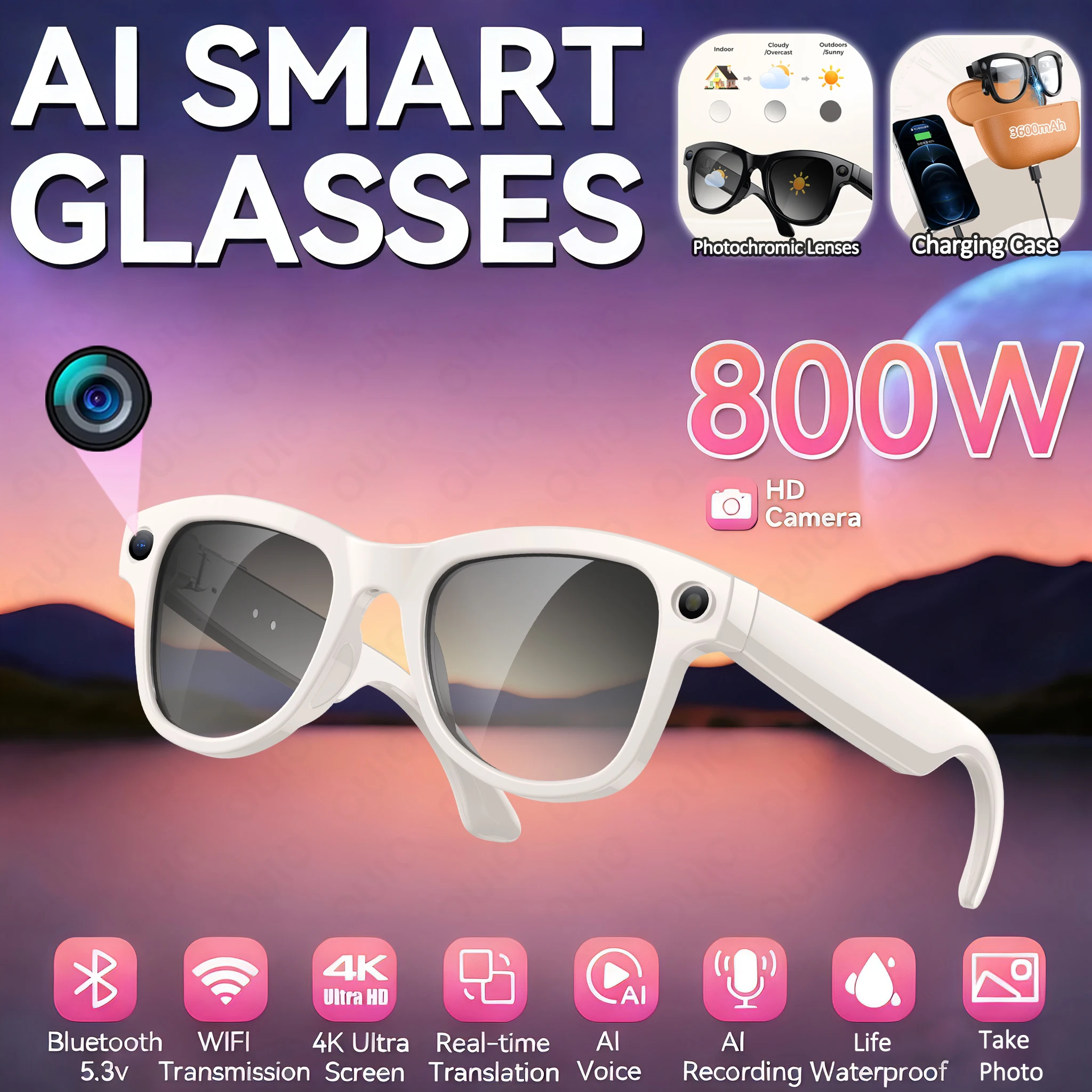 

New Intelligent AI Glasses 800W Pixel Camera Video Recording AI Voice Translation Music WIFI Transmission BT Call Smart Glasses
