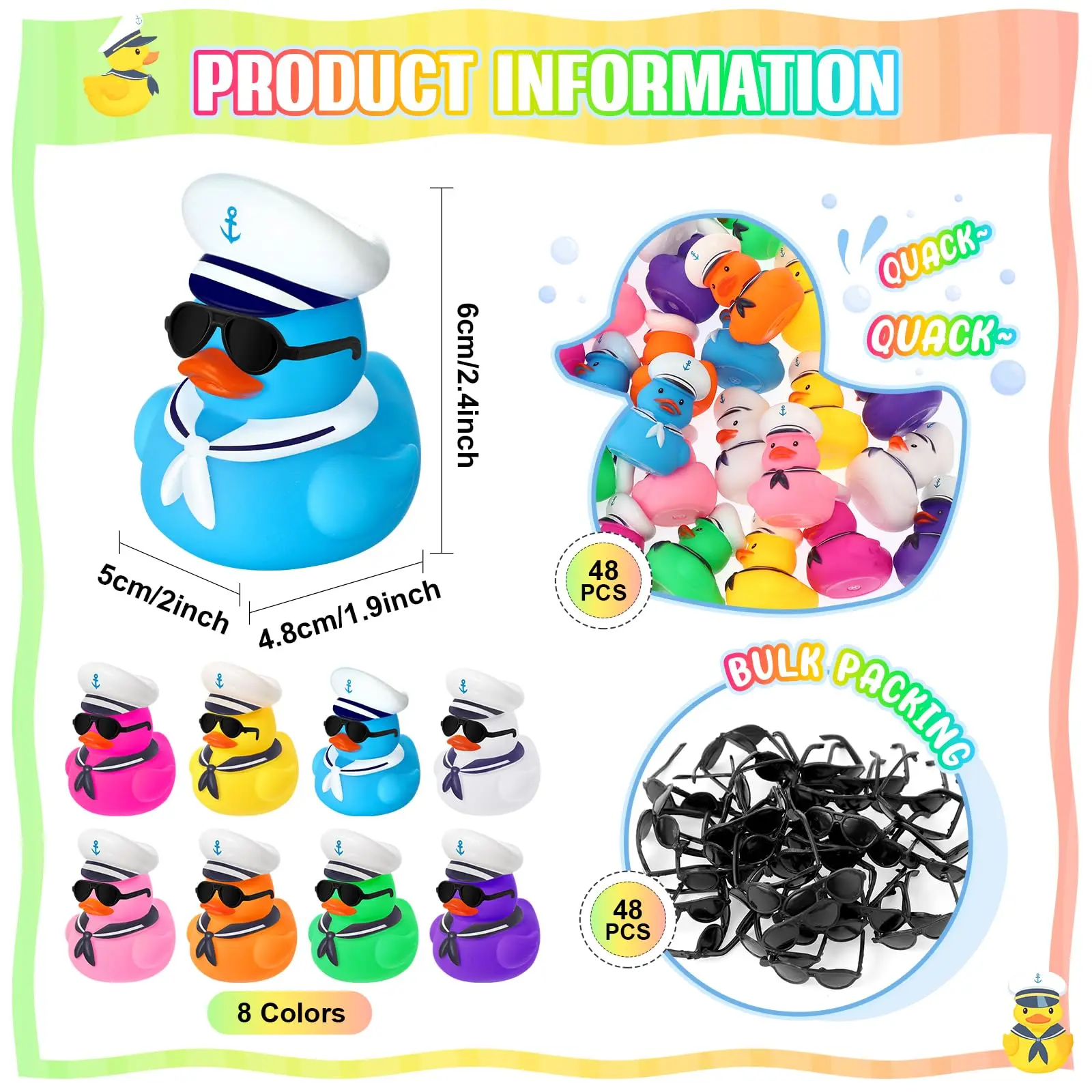 48PCS Cruise Duck Bulk with Sunglasses Sets,Mini Sailing Rubber Ducks Summer Cruise Ship Toy Squeaky Duck Bath Part