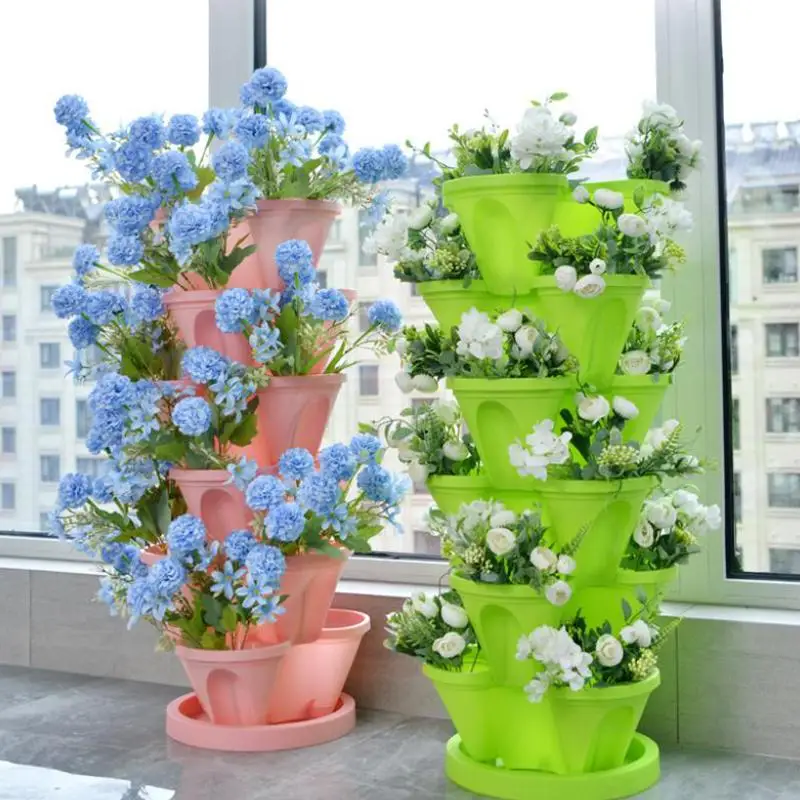 New Vertical Tower Stackable FlowerPot Plastic With Movable Casters Flower Pot Multi-layer Strawberry Planter Tower Home Garden
