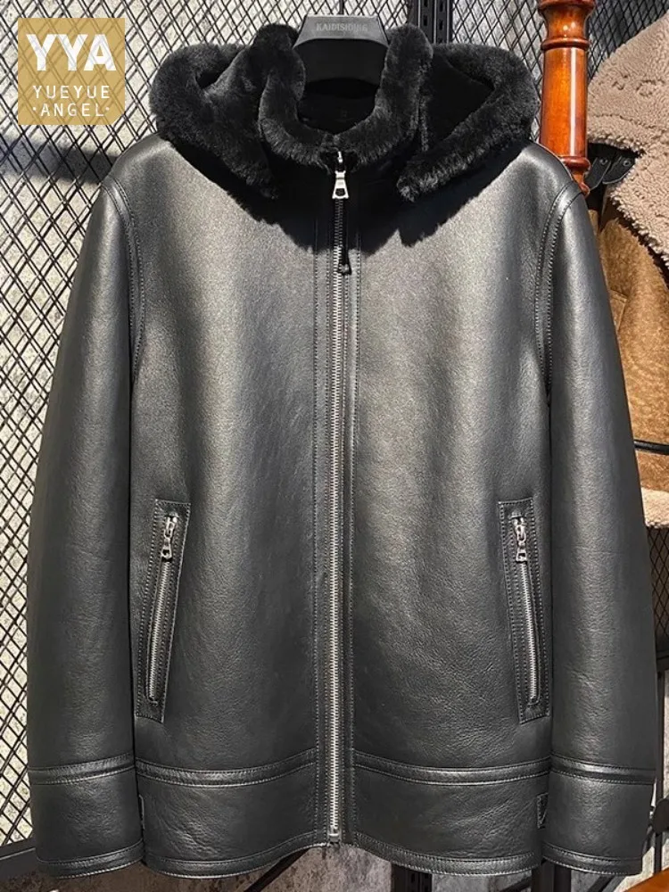 Winter Mens Pilot Coat Thick Warm Real Fur Zipper Hooded Natural Shearling Genuine Leather Motorcycle Jacket Large Size M-8XL