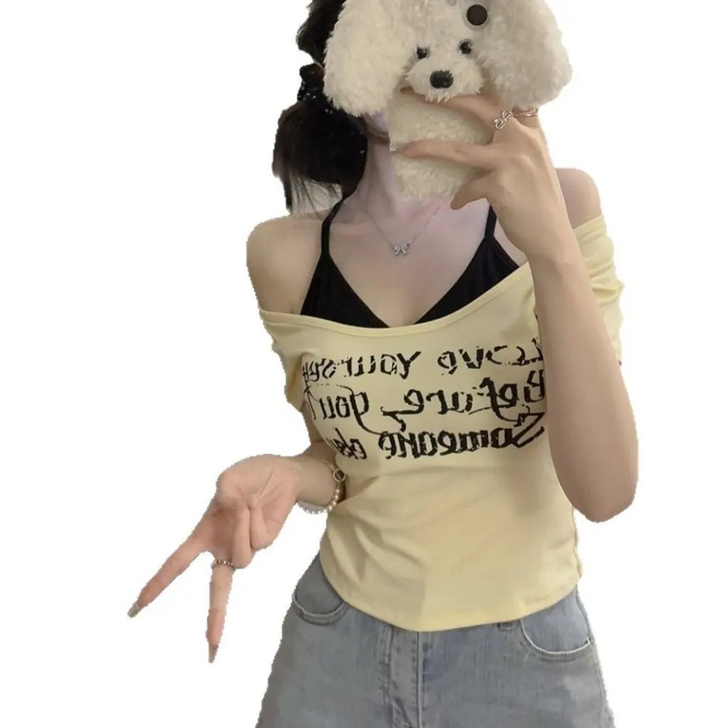 

Pure Spice Girl Women's Short-Sleeved T-shirt Fake Two-Piece Retro American Style Letter Print Slim Shoulder Top