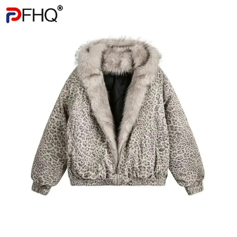 

PFHQ Niche Design Men's Fleece Jackets Hooded Leopard Print Fur Thick Padded Coats Thermal Contrast Color Male Clothing CPG2405