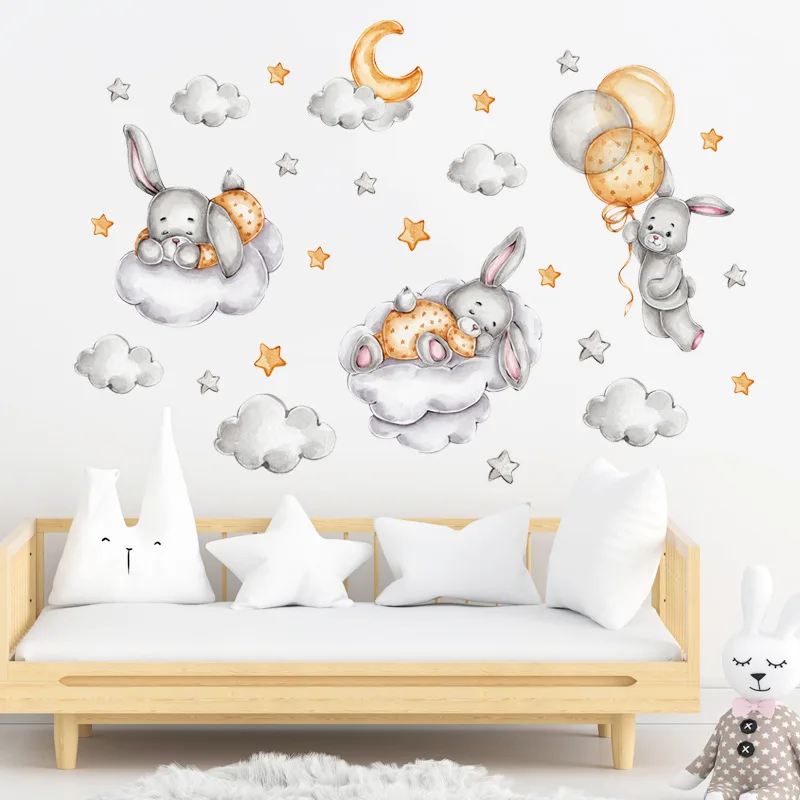 Kids Bedroom Wall Decals Decor Stcikers Cartoon Bunny Clouds Moon Wall Stickers for Baby Boy Room Girls Room Nursery Wallpaper