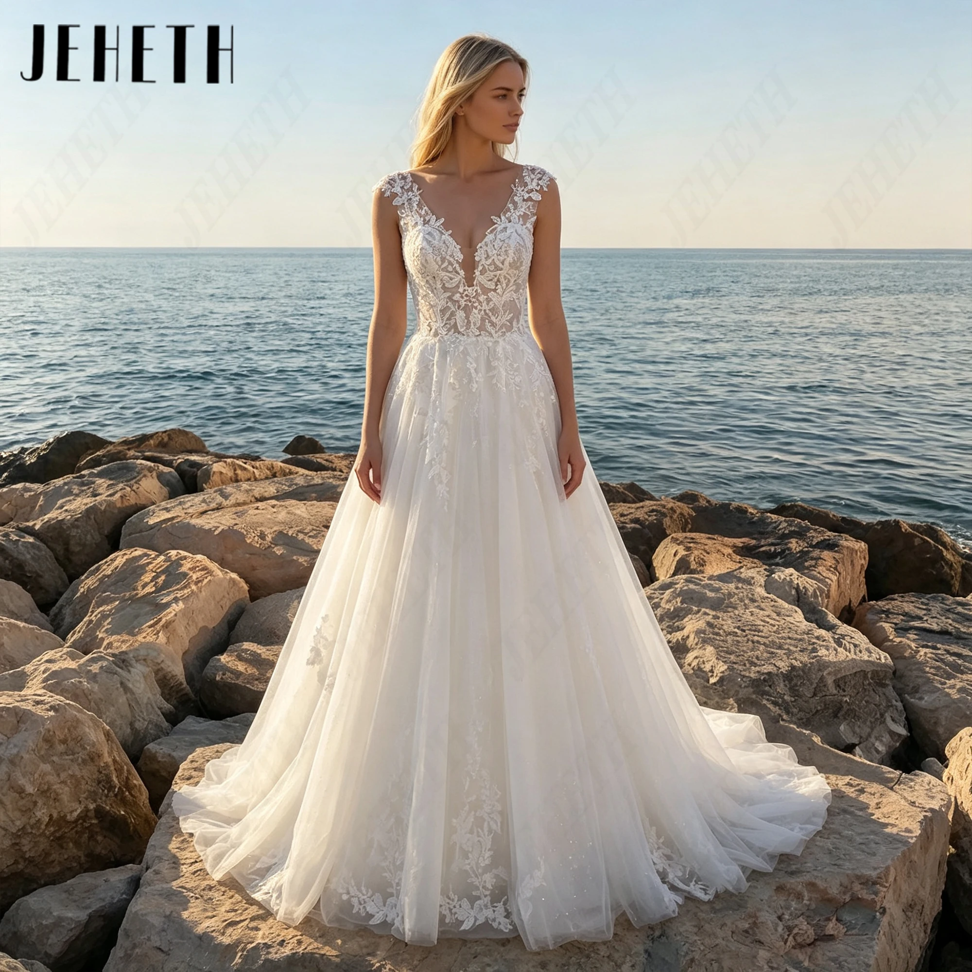 JEHETH Lace Appliques Backless Wedding Dresses Sleeveless A-Line Bride Gowns Personalized Tulle Bridal Dress Temperament 2027