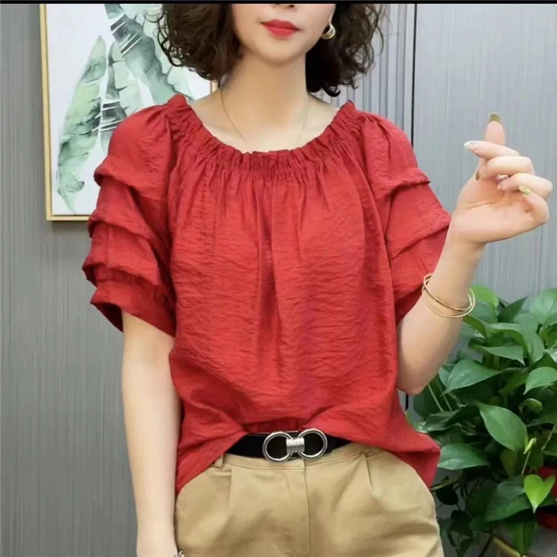 Camisa feminina de manga curta com babados, blusa casual simples, gola redonda, pulôver solto, tops de cor sólida, moda verão