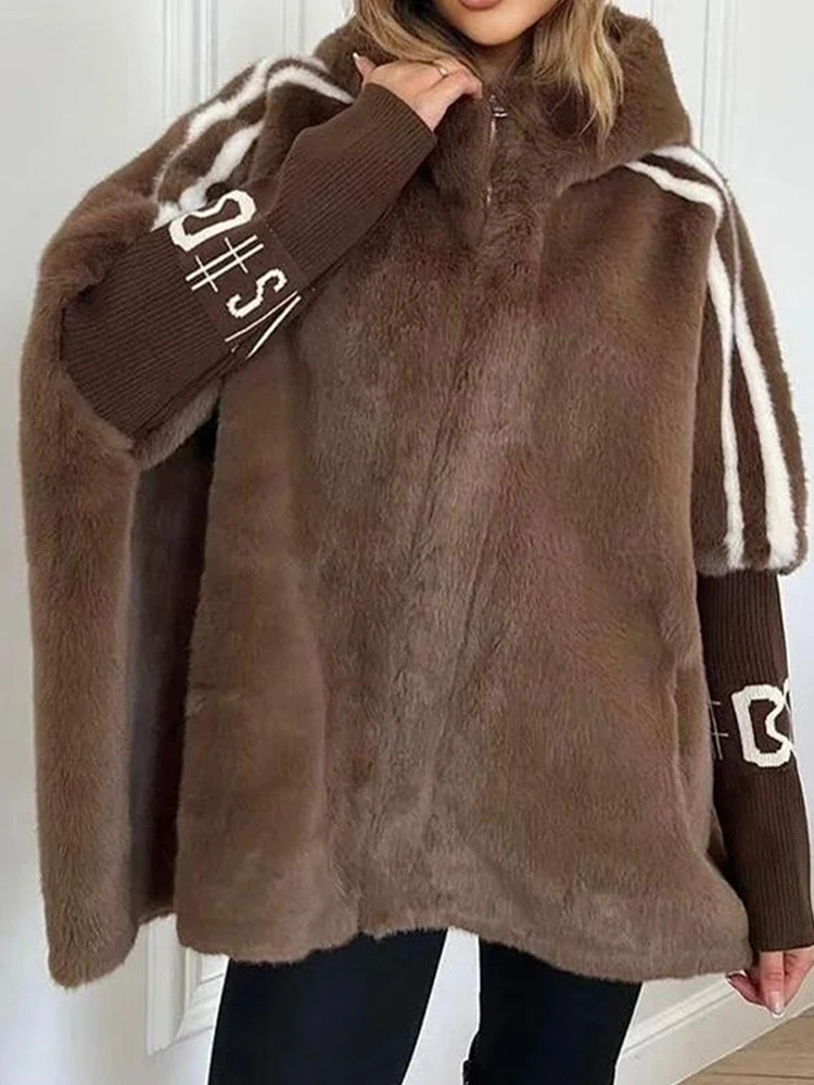 

Autumn Winter Vintage Fur Long Sleeve Coat Leisure Lady Loose Hoodies Zipper Outerwear 2025 New Spliced Warm Contrast Color Coat
