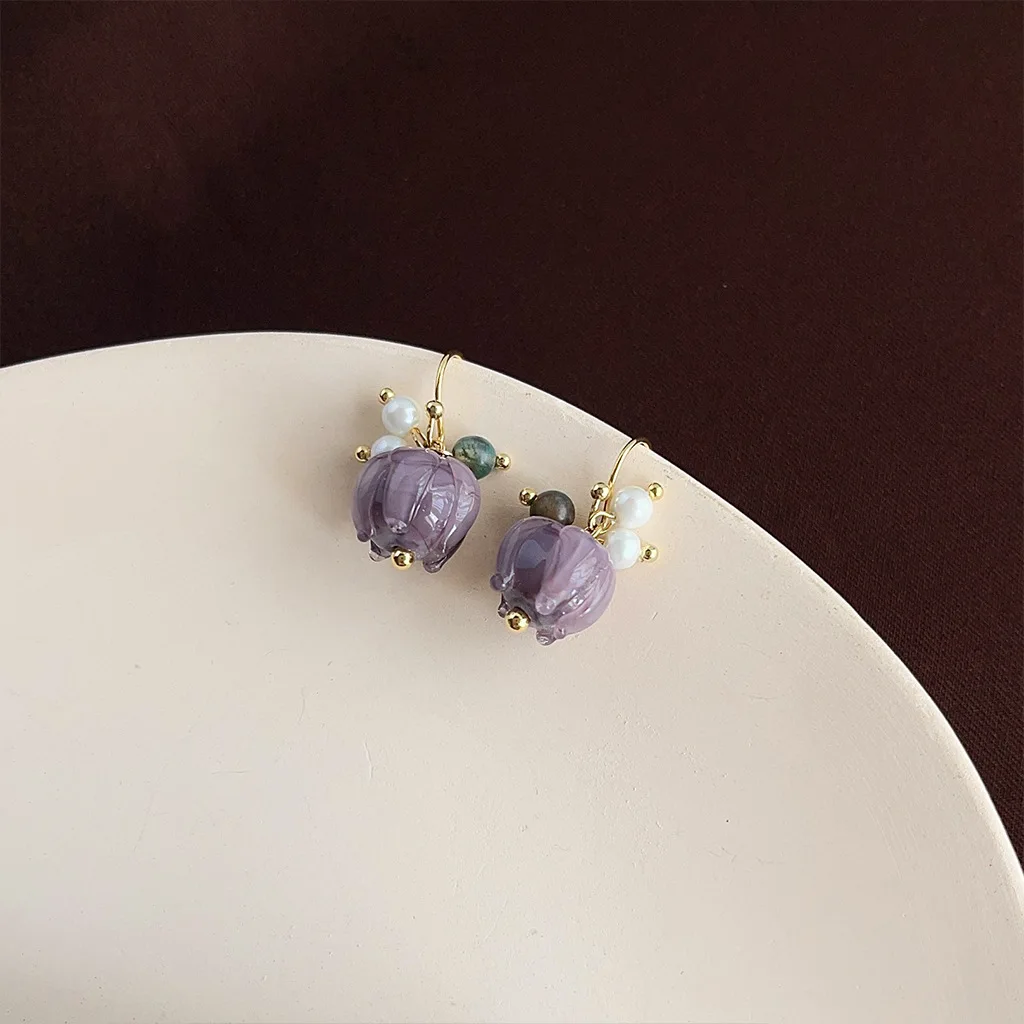 DIY accessories Midsummer vine, French glazed flower earrings, niche design temperament stud earrings, handmade gentle and elega