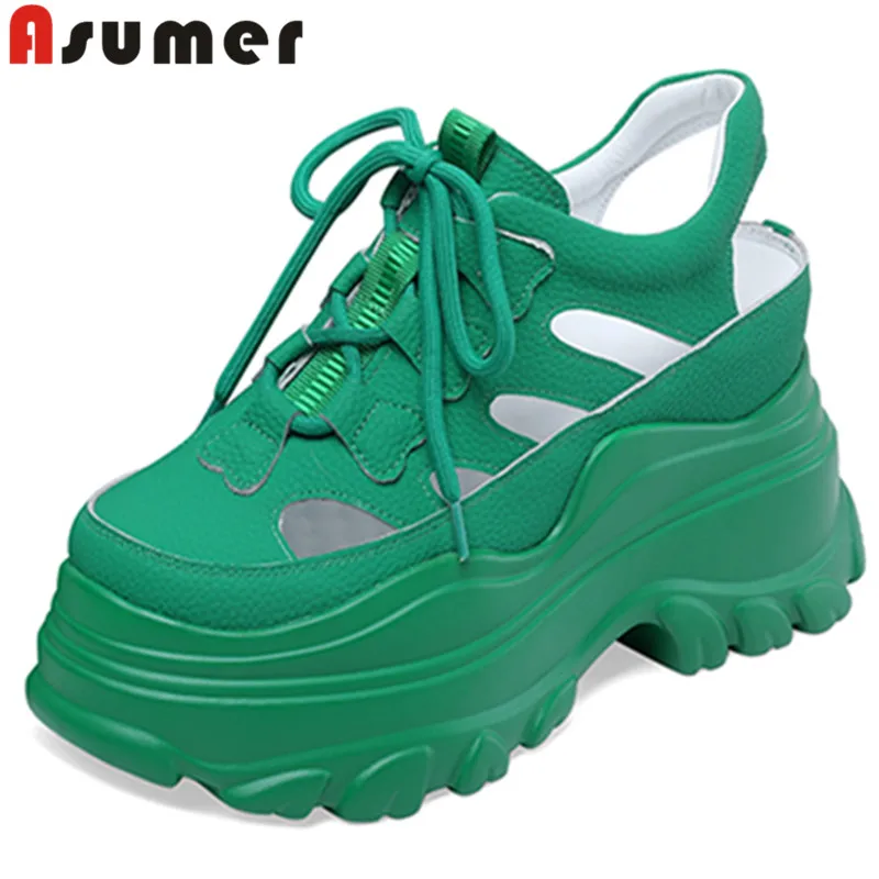 

ASUMER 2022 New Simple Genuine Leather Women Sandals Lace Up High Heels Sandals Solid Ladies Summer Casual Platform Shoes