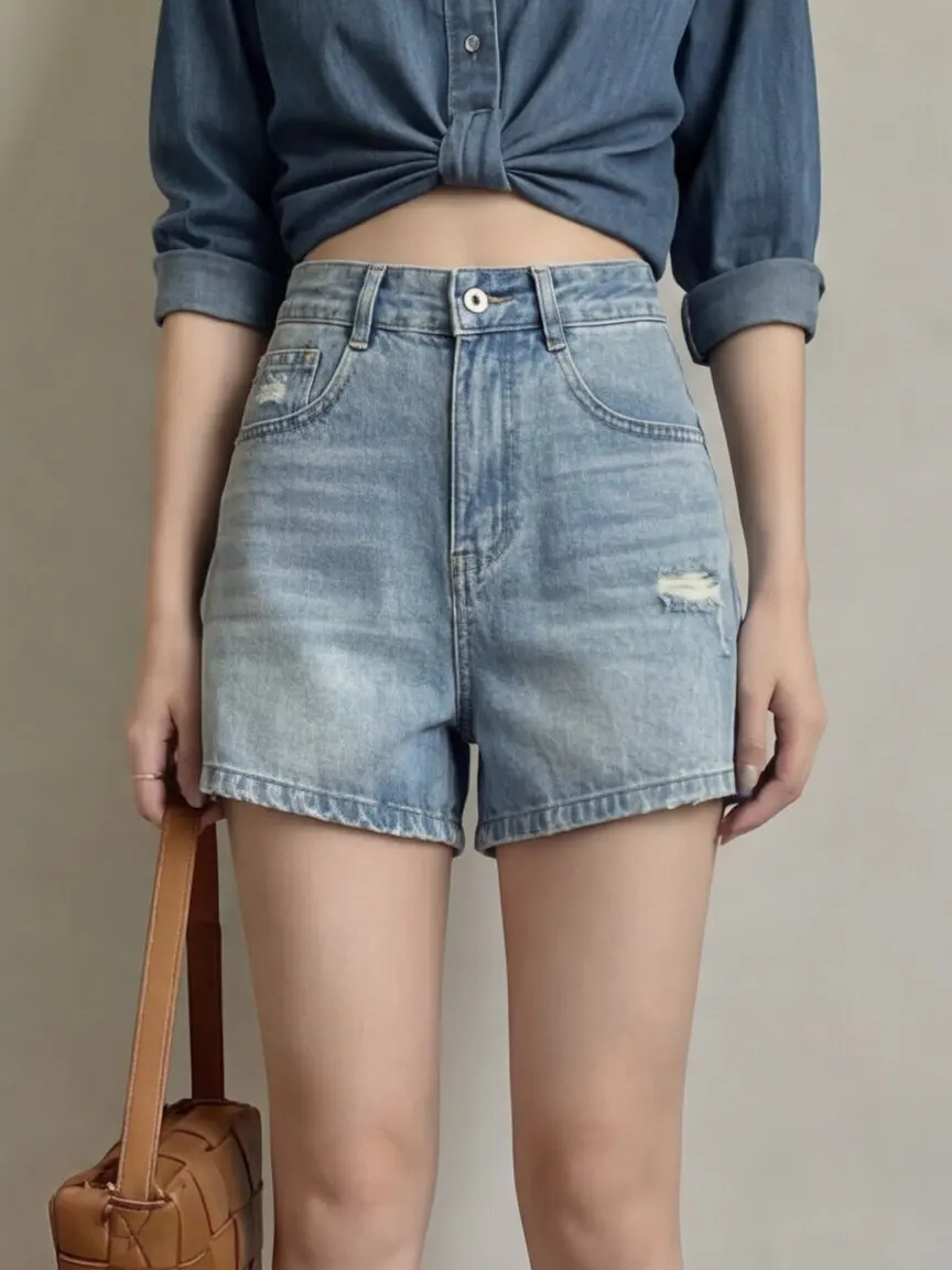 

Retro Korean Washed Denim Short Pants High Waist Slimming Summer Commute Women's Wide Leg Pants Casual Style Pure Color