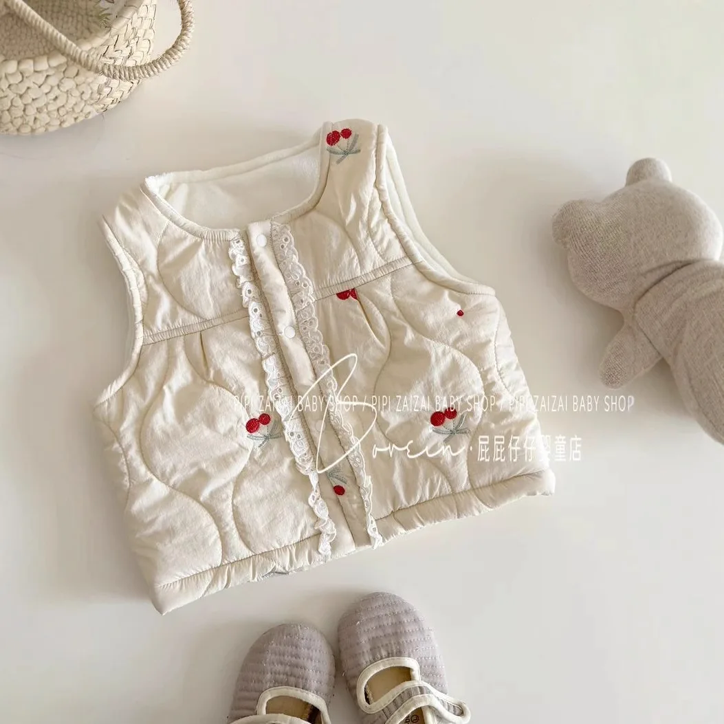 

Winter Kids Girls Waistcoat Cherry Jacquard Lace Infant Babys Girl Sleeveless Jacket Korean Round Collar Toddler Girls Outerwear